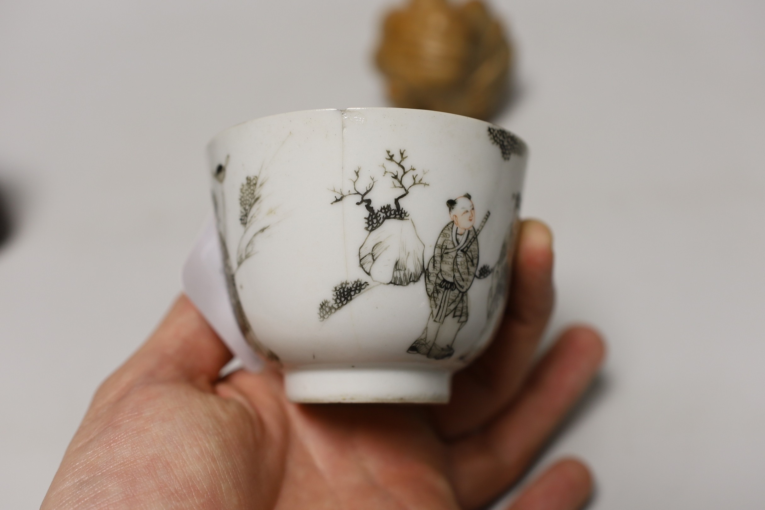 A 19th century Chinese enamelled porcelain cup, two carvings and two scent bottles